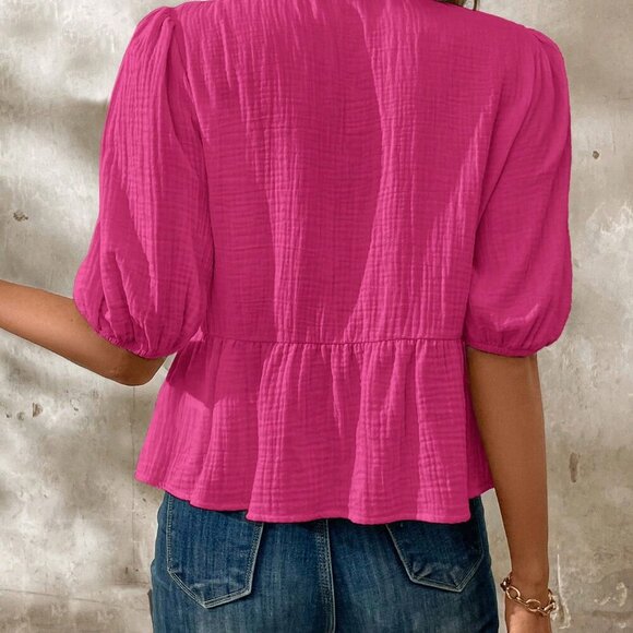 Hot Pink Cute Women's Tie Front Crop Top With Puff Sleeves & Ruffle Hem - Picture 2 of 6